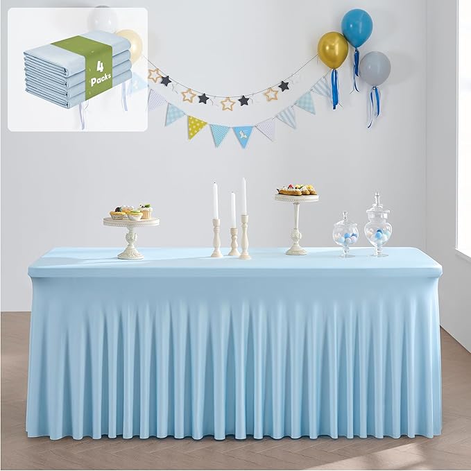leegleri 4 Pack Blue Spandex Table Clothes for 6 Foot Rectangle Tables, Wrinkle Free Fitted Table Cover 6ft Stretch Tablecloths with Skirt for Parties Weddings Birthday Banquet Baby Shower