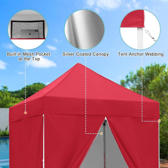5x5 Pop Up Canopy Tent with Four Sidewalls, Instant Portable Beach Canopy, Outdoor Tent with Carry Bag for Camping, Sports, Tailgating, Events, Red