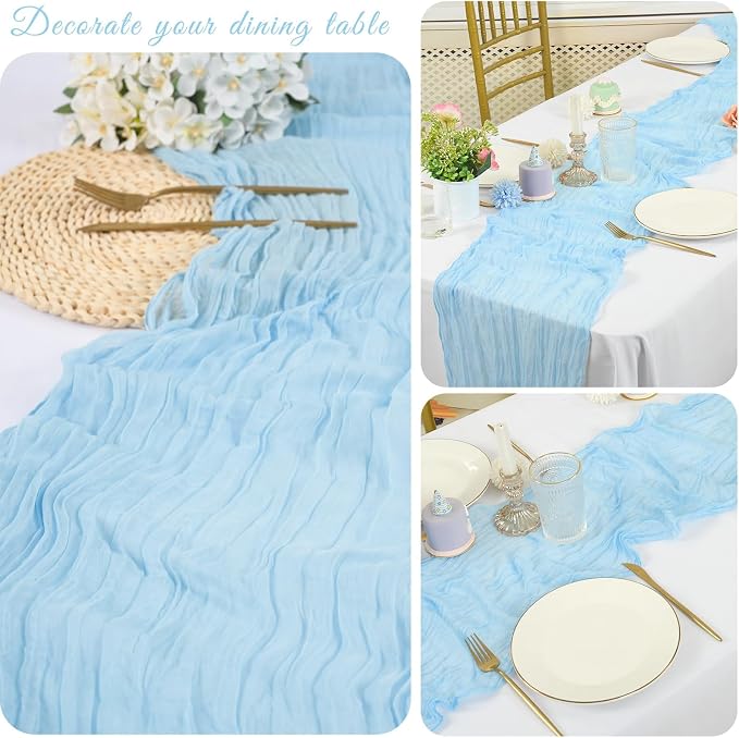 20 Pack Cheesecloth Table Runner 17 x 108 inch Long Boho Gauze Table Runners Semi Sheer Table Runner for Wedding Decor, Baby Shower, Birthday Party, Banquet (Light Blue)