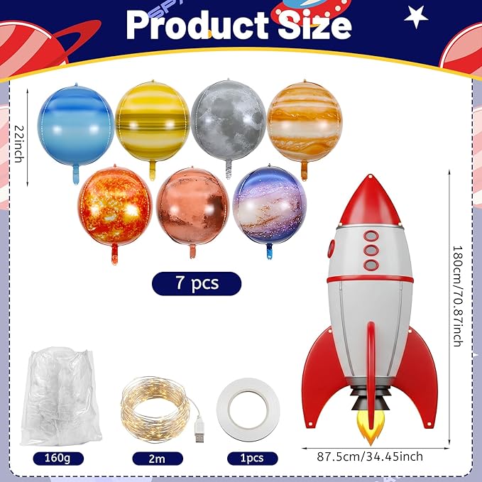 Thenshop Space Classroom Galaxy Decor for 2026 Vbs Ceiling Ornament, 34.45 x 70.87 inch Rocket Ship Backdrop Banner Solar Balloons LED Fairy Lights for Vacation Bible School Class Decor
