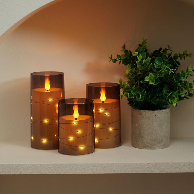 Amagic Grey Flameless Candles with Remote, Flickering Battery Operated Candles with Embedded Fairy Lights, Acrylic LED Candles with Timer for Halloween Home Bohemian Decor, 3D Wick, D3 x H4 5" 6"