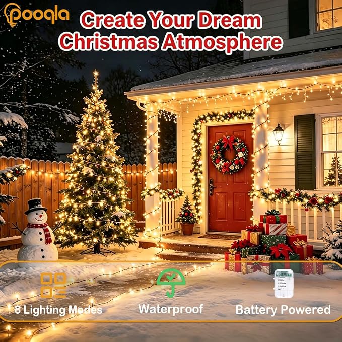 Pooqla 4 Pack String Lights Battery Operated, Total 66.6ft 200 LED Fairy Lights Indoor Outdoor Decorations, 8 Modes Warm White Battery Christmas Lights for Bedroom Classroom Porch Party Yard Decor