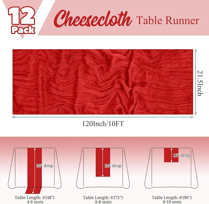 12 Pack Red Table Runner 10Ft Cheesecloth Table Runner Rustic Gauze Table Runners Romantic Long Sheer Fabric Cheese Cloth Table Runners for Wedding Party Bridal Baby Shower