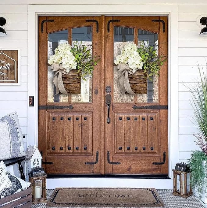 Cream Hydrangea Door Hanger Basket Wreath - Farmhouse Spring Wreath with Wildflowers, Mother's Day Decor, Artificial Rattan Hanging Basket for Porch, Wall, Home Decor
