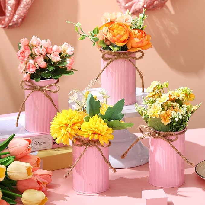 Rustic Vase for Table Centerpieces 4.33 Inch Small Petite Flower Vase with Twine Bow Vintage Farmhouse Decor for Wedding Reception Dining, Home Galvanized Metal Buckets(Pink,12 Pcs)