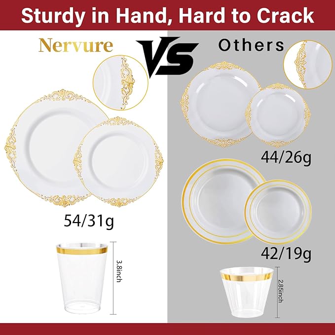 Nervure 350PCS Gold Plastic Dinnerware - White and Gold Disposable Plates for 50 Guests - 100 White Disposable Plates, 150 Plastic Silverware, 50 Cups, 50 Napkins for Wedding & Party & Mother's Day