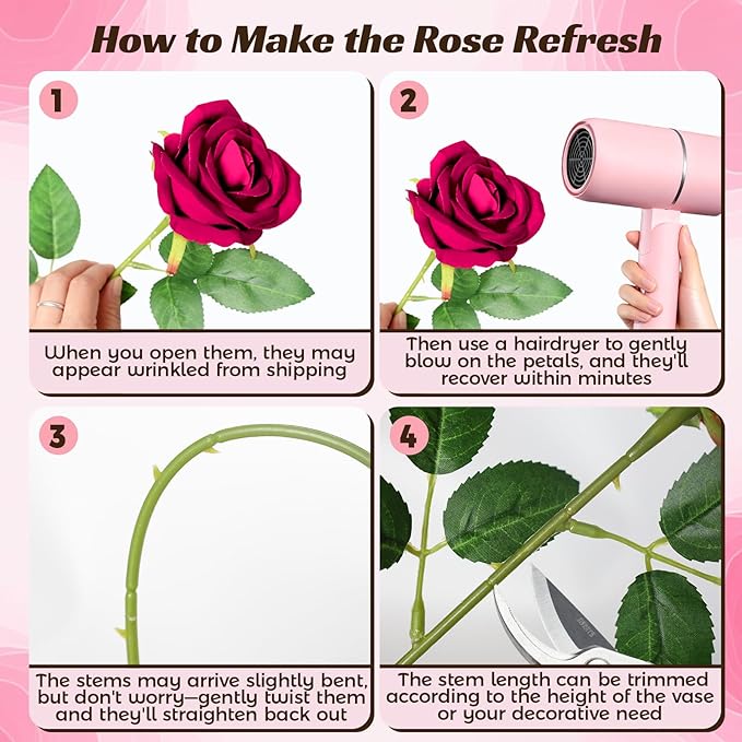 50 Pcs Fake Roses Burgundy Artificial Flowers Bulk, Faux Velvet Silk Rose Bouquet with Long Stems Real Look for Wedding Party Centerpieces Vases Decor