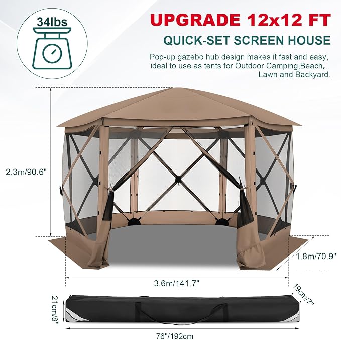 COBIZI 12x12 FT Pop Up Canopy Stargazing Tent, Gazebos On Clearance with Removable Roof,Instant Screened in Gazebo, Screen Tents Portable carpas para Patio for Outdoor Camping,Backyard, Garden, Khaki