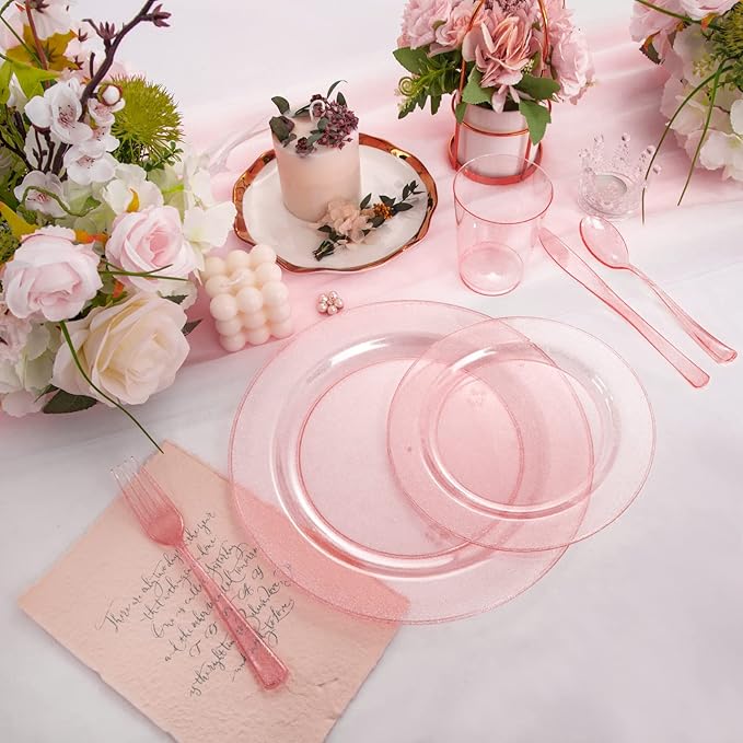 DaYammi 150PCS Pink Plastic Plates,Mother's Day Disposable Pink Dinnerware Set Clear pink Party plates with Silver Glitter Design Include 25 Dinner plates,25 Cake Plate,75 Cutlery,25 Cup for Party