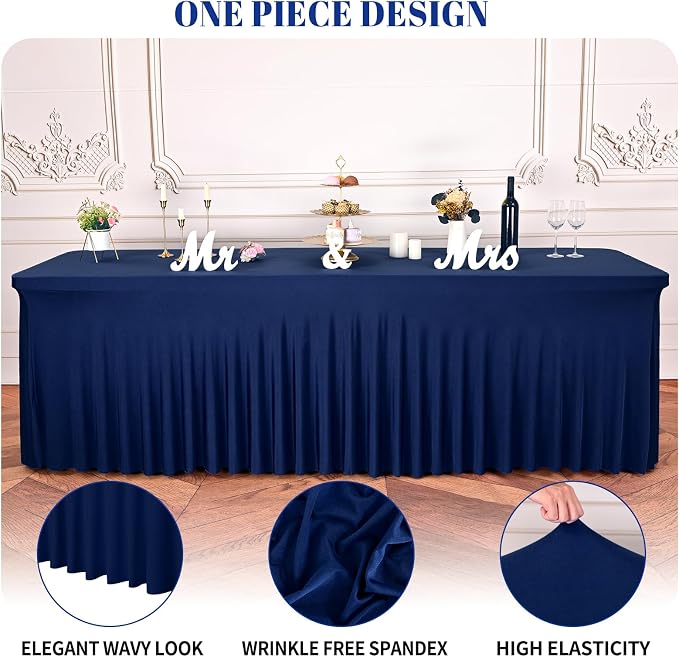 2 Packs Navy Blue Stretch Table Skirts for 8 Foot Rectangle Table, Washable Spandex Stretch Tablecloths with Skirt, Wrinkle Resistant Fitted Tablecover for Wedding Party Banquet