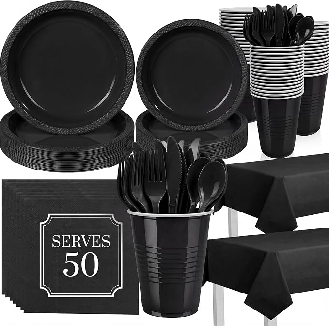 352 Pcs Black Plastic Plates Party Set, 50 Guests Disposable Dinnerware Set with Black Tablecloths, Elegant Black Plastic Plates Party Set for Wedding/Corporate Event/Formal Dinner/Gala