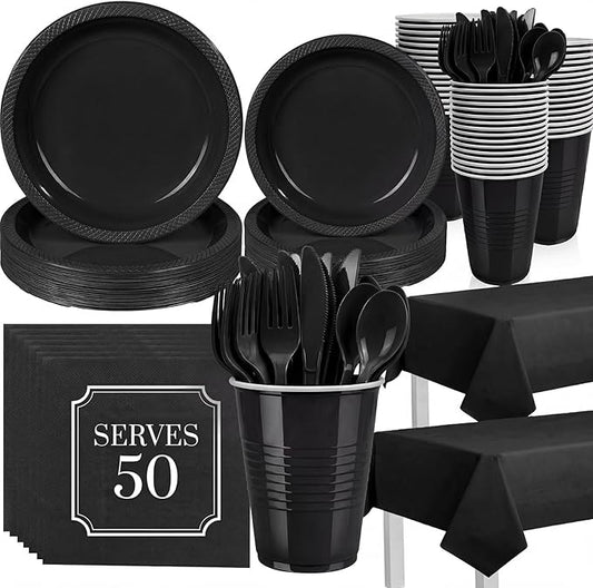 352 Pcs Black Plastic Plates Party Set, 50 Guests Disposable Dinnerware Set with Black Tablecloths, Elegant Black Plastic Plates Party Set for Wedding/Corporate Event/Formal Dinner/Gala