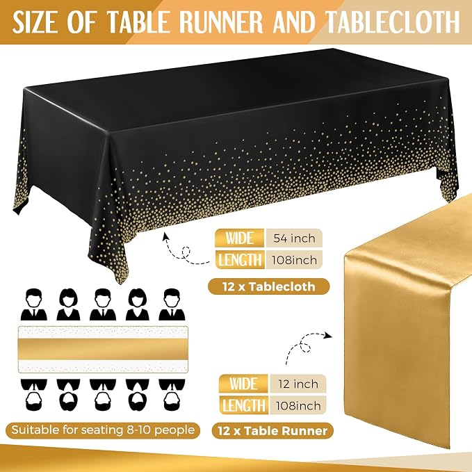 Breling 24 Packs Black and Gold Disposable Plastic Tablecloths and Satin Table Runner Set, 54 x 108 Inch Tablecloth, 12 x 108 Inch Table Runners for Wedding Graduation Birthday Baby Shower