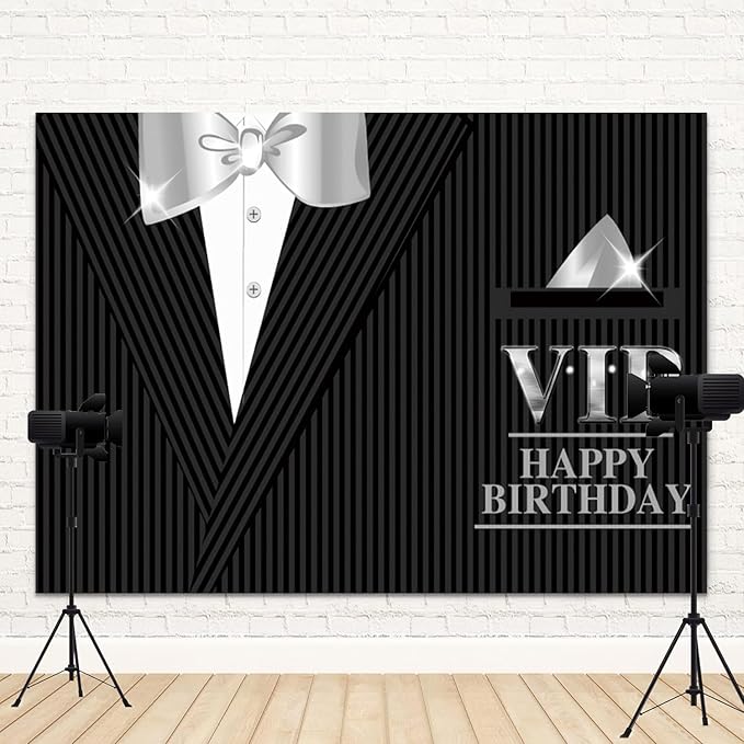 12x10ft Happy Birthday Backdrop VIP Photography Background Gentleman Black Tuxedo Suits White Shirts Silver Bow Tie Men Birthdays Party Banner Decorations Boys Kids Portrait Photo Booth Prop