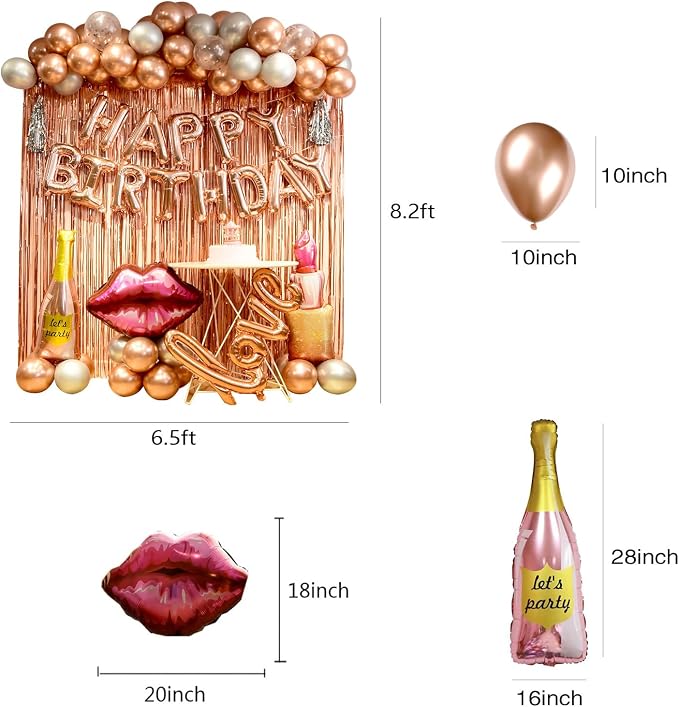 Rose Gold birthday decorations for women ，happy birthday party decorations for girls，Rose Gold Fringe Curtain，happy birthday banner， balloon letters