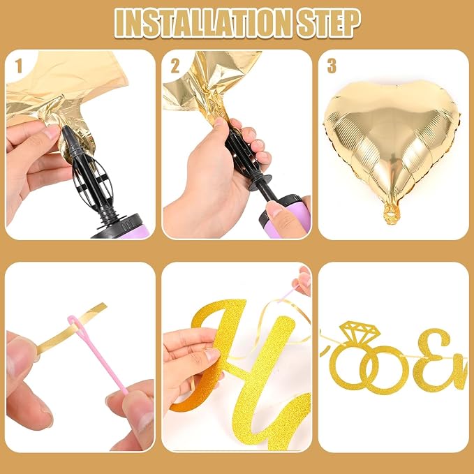 Engagement Party Decorations Gold - 29 Pc Engagement Decor Kit, Happy Engagement Banner, Ring Balloon, Photo Timeline, LOVE Heart Balloons - Just Engaged Proposal Bridal Shower Decor