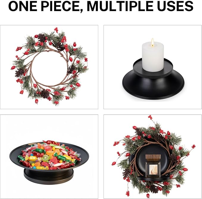 MOYEE Christmas Winter Centerpieces for Tables Candle Ring, Black Metal Candlestick with an Artificial Wreaths 14 in Versatile Dining Table Centerpiece Decor (Pine Needle Wreath)