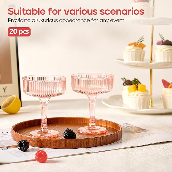 20 Pack Plastic Champagne Tower, 7oz Champagne Coupe glasses Unbreakable Plastic Cocktail Glasses Acrylic Martini Glasses for Wedding Birthday Party Bar, Pink