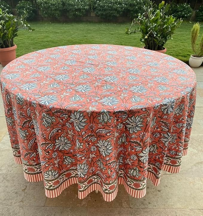 Ridhi Round Tablecloth Hand Block Print 100% Cotton Reusable Peach and Berry Blue 110 Inch Table Cover Decorative Everyday Use for Dining, Home, Farmhouse Gift for Spring, Mother's Day
