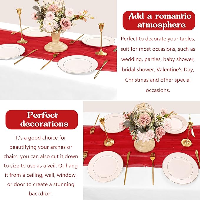 Fivenl 12 Pack 10FT Pearl Table Runner 30x120 Inch Red Tulle Fabric Boho Rustic Sheer Table Runners Lace Table Cloth for Wedding Bridal Shower Birthday Party Arch Veil Dessert Table Decor (Red)