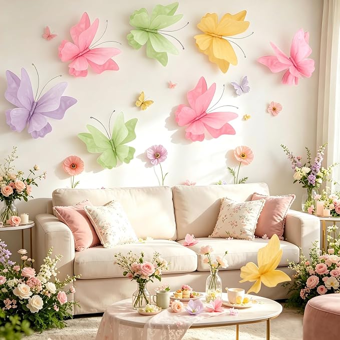 3D Hanging Butterfly Decorations Butterfly Party Decorations 4PCS Pastel Large Paper Butterfly Decorations for Girls Women Wedding Backdrop Birthday Flower Garden Party Decor