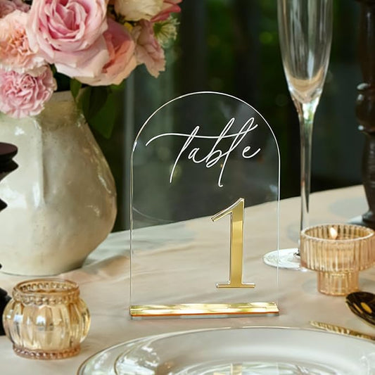 Crystal Clear Acrylic Wedding Table Numbers 1-30 Set, Self-Standing Modern Arched Signs for Reception Seating, Anniversary & Bridal Shower, Elegant Wedding Decor (5x7 Inches)