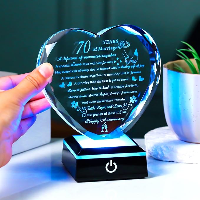 Happy 70th Wedding Anniversary Crystal Gifts for Couples Parents with Colorful LED Base, Romantic Heart 70th Anniversary Keepsake Gifts for Her Him, 70 Years of Marriage Gift for Wife Husband