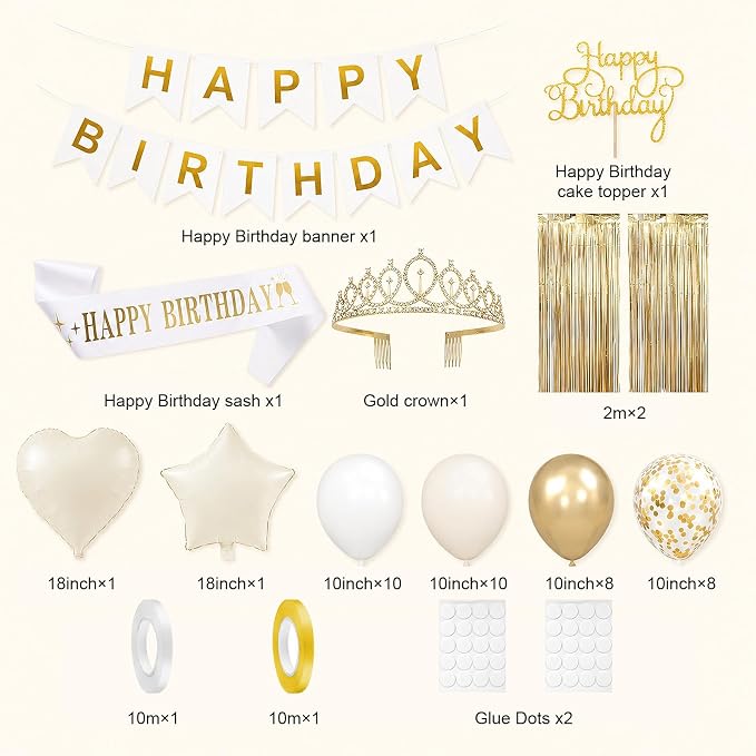 White and Gold Birthday Decorations for Women Girls,Sand White Gold Latex Balloons with Happy Birthday Banner,Fringe Curtain,Cake Topper,Sash and Crown for Birthday Party Supplies