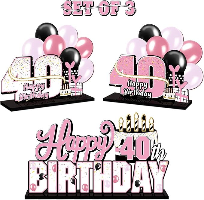 LINGTEER Happy 40th Birthday Pink Acrylic Table Topper Centerpieces Set - Cheers to 40 Years Old Birthday Forty Bday Party Gift Decorations.