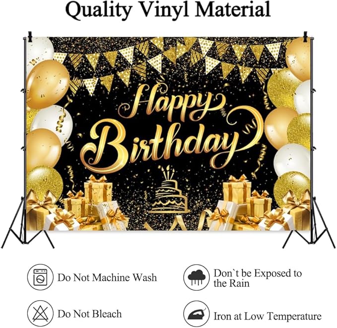 7x5ft Black Gold Birthday Backdrop, Golden Balloons Glitter Star Party Photo Background Banner