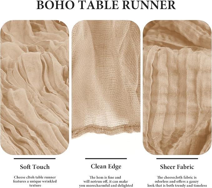 8 Pack Cheesecloth Table Runner 35x120 Inches Beige Boho Gauze Rustic Cheese Cloth Runners 10ft Long Romantic Sheer Table Runner for Wedding Bridal Baby Shower Party Christmas Table Decor