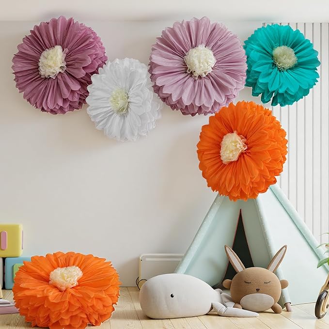 Chunful 5 Pcs 30'' 24'' Gaint Boho Tissue Paper Flowers Decoration Large Hanging Tissue Paper Pom Poms Decor for Boho Baby Shower Birthday Bachelorette Wedding Bridal Shower Party Nursery Decoration