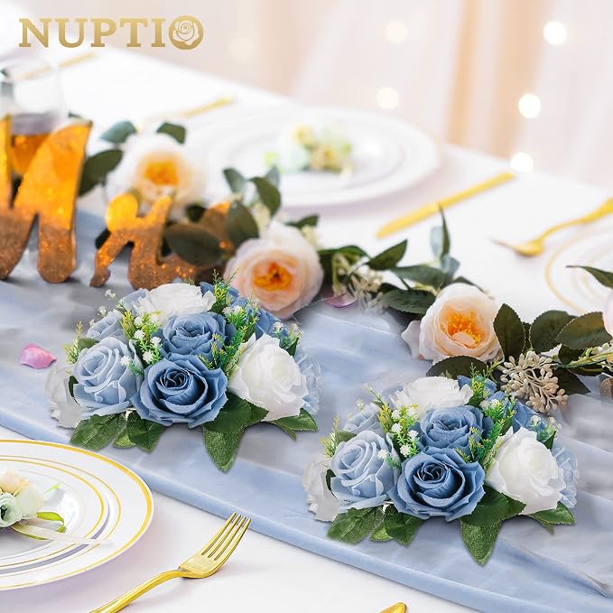 NUPTIO Flower Balls Wedding Table Centerpieces, Dusty Blue & White Roses | 6 Pcs Artificial Silk Floral Bouquet Arrangement, for Bridal Shower, Birthday Party, Quinceanera, Event Decorations