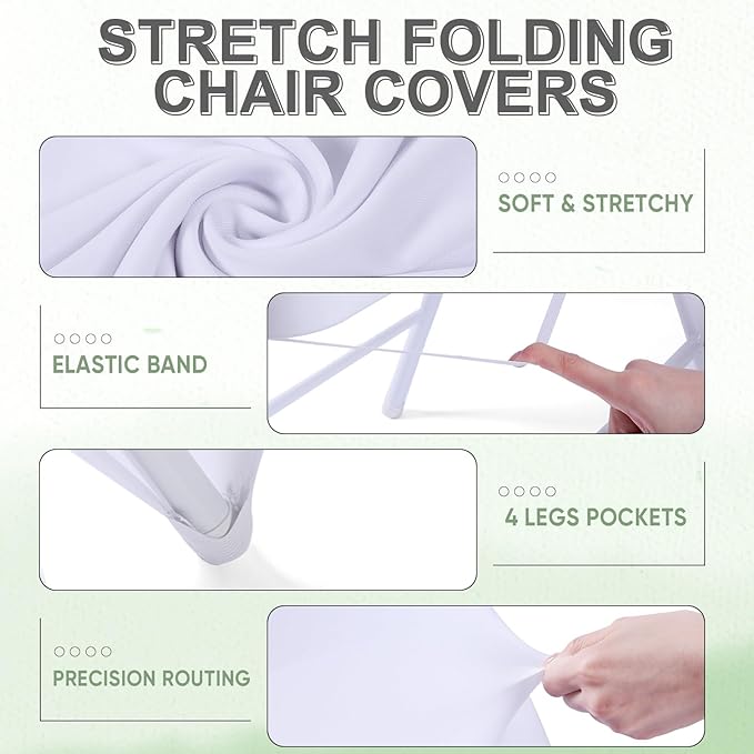 Lounsweer 50 Pcs Folding Chair Cover Set with 25 Stretch Spandex Slipcovers 25 Satin Chair Sashes Bows Ribbon Washable Banquet Protector for Wedding Event Party(White, Sage Green)