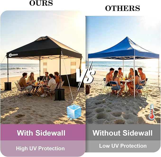 10x10 Pop Up Canopy with Sidewall, One-Person Setup - UV & Water Resistant Canopy Tent w/Wheeled Carry Bag for Beach, Patio, Camping & Events - Black