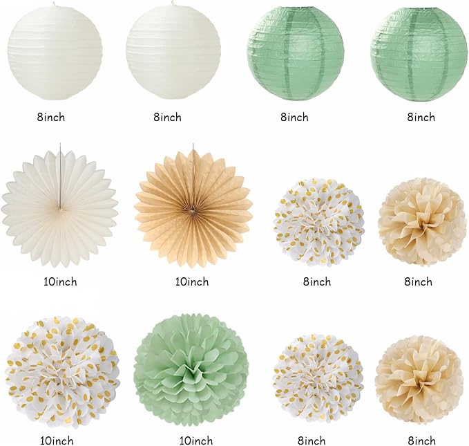 Sage-Green White Bridal-Shower Bachelorette Party-Decorations - 22pcs Gold Bride To Be Banner, Paper Lanterns Streamers, Tissue Pom Poms Flowers Fans Wedding Camp Theme Decor Backdrop Hugmoon