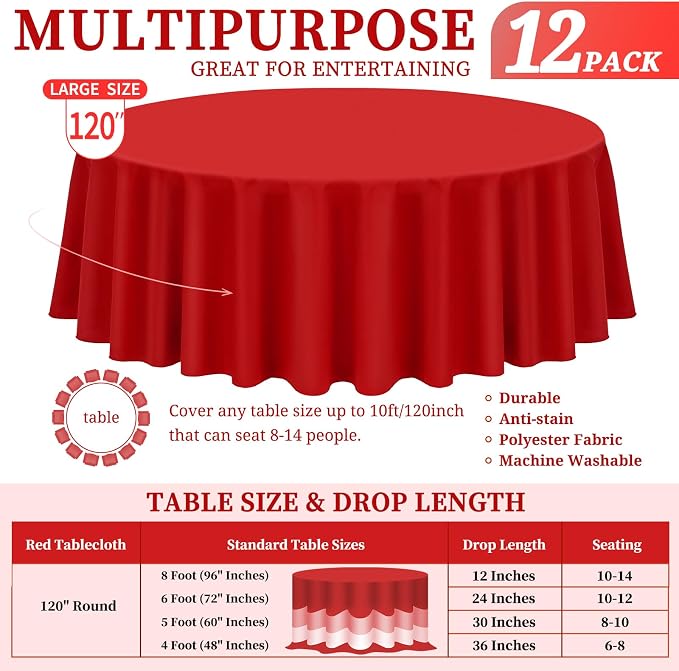 Showgeous 12 Pack Red Round Tablecloth - 120 Inch Polyester Table Cloth - Washable Decorative Fabric Table Covers for Wedding Party Banquet