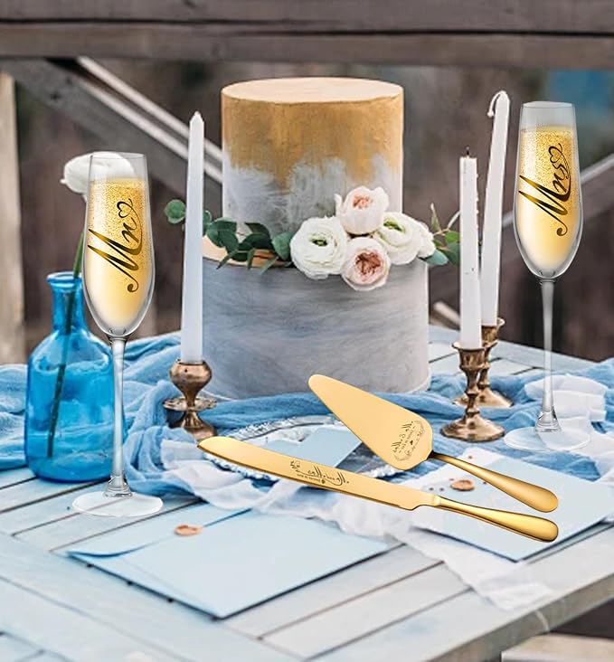 Mr and Mrs Champagne Flutes, Wedding Cake Knife and Server Set, Bride and Groom Champagne Glasses, Cake Cutting Set for Wedding, Bridal Shower Gifts, Engagement Gifts for Couples (Gold, Set of 4)