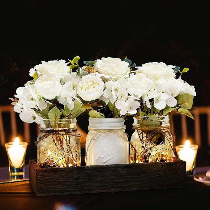 White Mason Jar Centerpiece for Table Kitchen Table Decor with Light | 3 Piece Farmhouse Coffee Table Decor with Fake Flowers Wood Tray for Living Dining Room Bathroom Wedding Outdoor Decoration