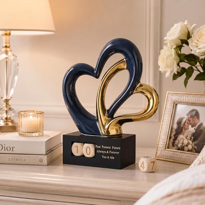 Ceramic Heart Sculpture with Date Blocks, Blue Gold Hearts Statue for Home Decor, Romantic Valentines Day & Wedding for Couple, Shelf Mantel Tabletop Display (Blue Gold)