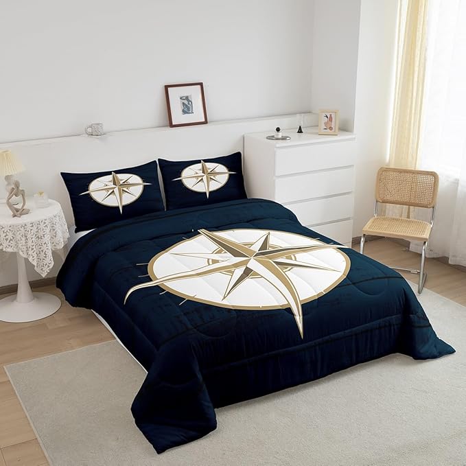 Feelyou Compass Print Comforter Set Queen Size Kids Nautical Theme Comforter for Boys Girls Teens Ocean Voyage Bedding Set Geometric Circles Pattern Duvet Set Sea Adventure Quilt