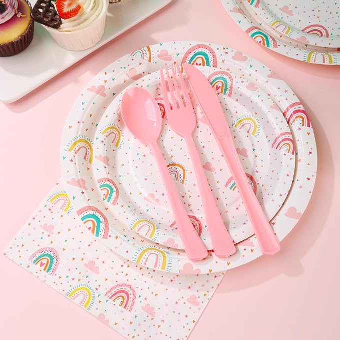 Boho Rainbow Birthday Decorations for Girl, 168Pcs Rainbow Plates and Napkins Party Supplies, Rainboww Party Plates Serve 24,Baby Shower for 1st 3rd 4th 5th Girl Birthday Decorations