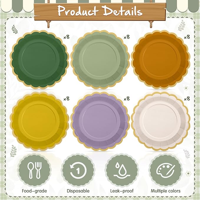 48 Pcs Nature Wedding Paper Plates 9 Inch Sage Green Purple Scalloped Paper Disposable Dinner Dessert Plates for Birthday Wedding Bridal Party Supplies, 6 Colors