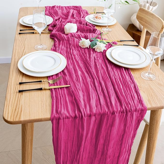 Wokceer Cheesecloth Table Runner 3Pack 10FT Fuchsia Boho Gauze Cheese Cloth Table Runner for Party Long Rustic Sheer Table Runners for Baby Bridal Shower Wedding Easter Table Decor