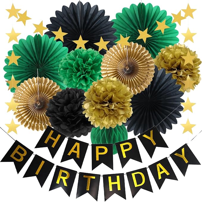 Green Black Gold Birthday Decorations with Happy Birthday Banner Hanging Paper Fans Pom Poms Gold Star Garlands for Men Women Green Black Birthday Decorations