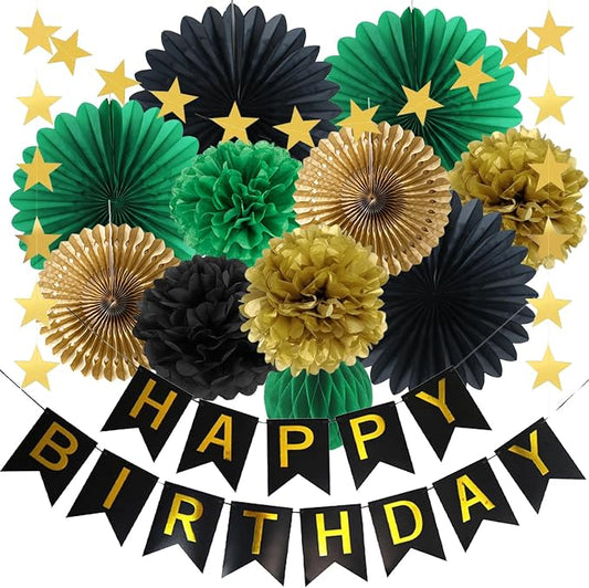 Green Black Gold Birthday Decorations with Happy Birthday Banner Hanging Paper Fans Pom Poms Gold Star Garlands for Men Women Green Black Birthday Decorations