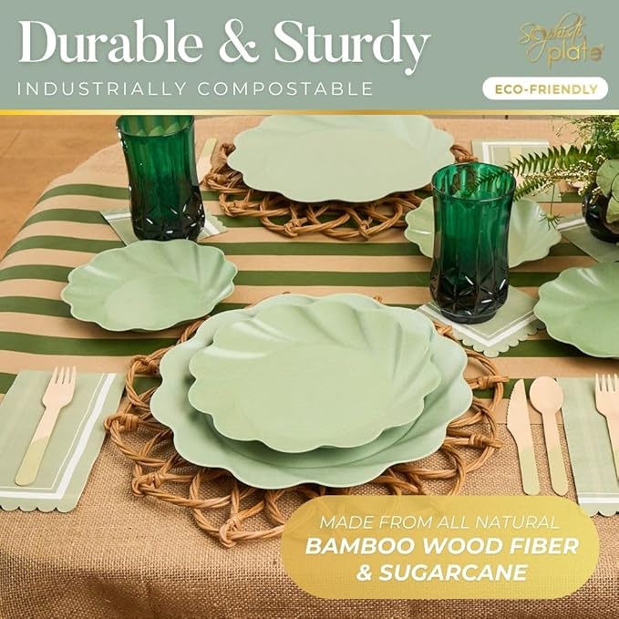 Eco-Friendly Compostable Party Plates - 24 Piece Set in 3 sizes. 8 XL Plates, 8 Dinner Plates, 8 Salad Plates- Made Of Bamboo Wood Fiber, and Sugarcane- Sturdy, Heavy Duty & Stunning - Sage