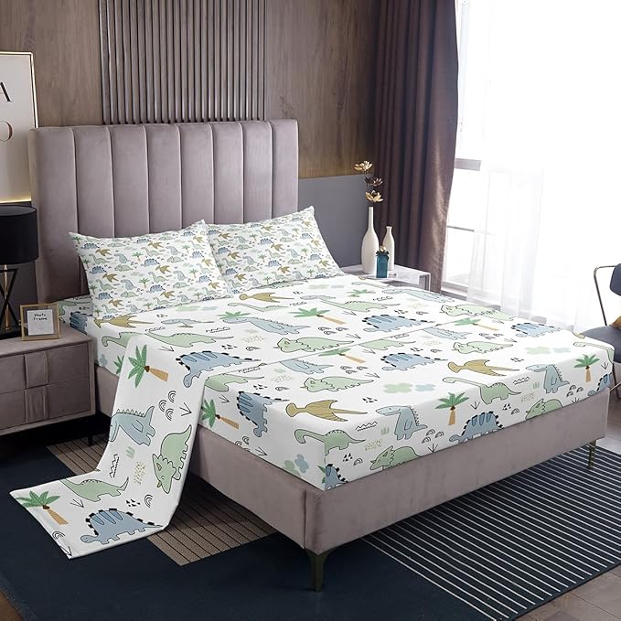 Kids Dinosaur Fitted Sheet Set Full Size 4 Pcs,Watercolor Cloud Jungle Trees Teens Sheets,Cute Cartoon Dino Animal Bedding Sets (1 Fitted,1 Flat,2 Pillowcases) Luxury Deep Pocket Bed Sheets