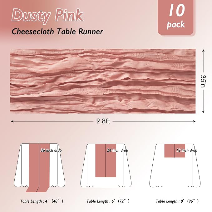 8 Pack Dusty Pink Cheesecloth Table Runner 120 Inch 10FT Gauze Cheese Cloth for Wedding Decoration, Baby Shower, Boho Decor