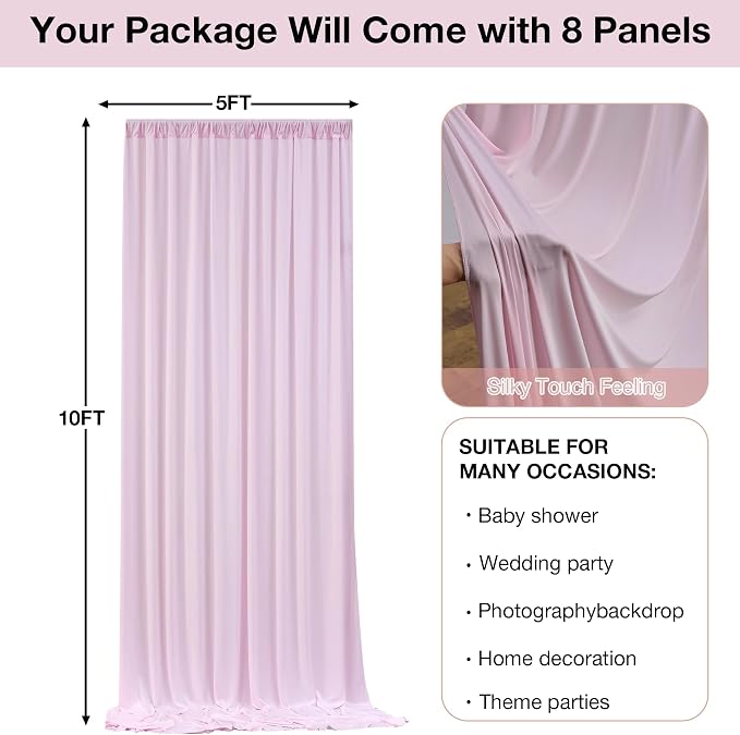 40ftx10ft Wrinkle Free Light Pink Backdrop Curtains for Parties, Silky Polyester Photo Backdrop Drapes 8 Panels 5x10ft Back Drop Cloth for Wedding Birthday Baby Shower Photography Background
